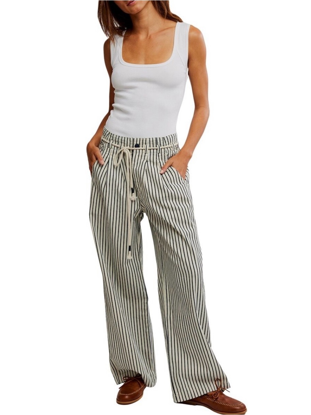 Free People Dakota Cinched Pull On Jeans with Button Fly Blue White Stripe Large